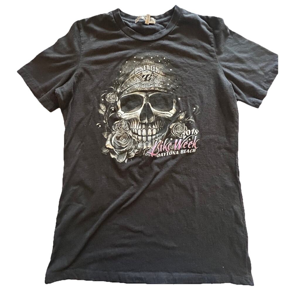 2018 Hot Leathers Daytona Beach Bike Week Graphic Tshirt Black Biker Girl Sz XL